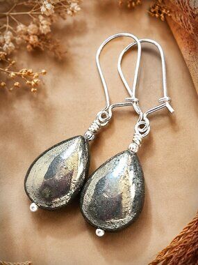 Sterling Silver Pyrite Stone Dangle Earrings, Genuine Gemstone Jewelry, Handmade
